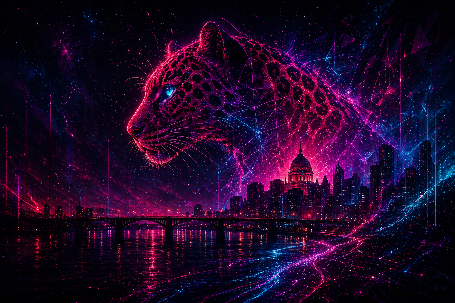 Abstract neon guardian figure over a city